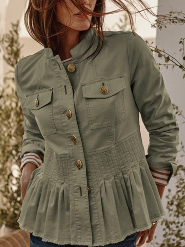 Army green cotton jacket with a pleated peplum and stand collar in army green