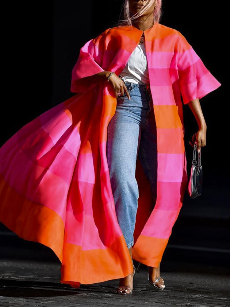 Floor-length open duster coat in wide pink and orange stripes
