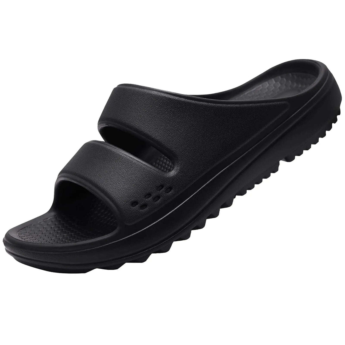 Arch support slippers with two wide straps and a thick lug sole - black