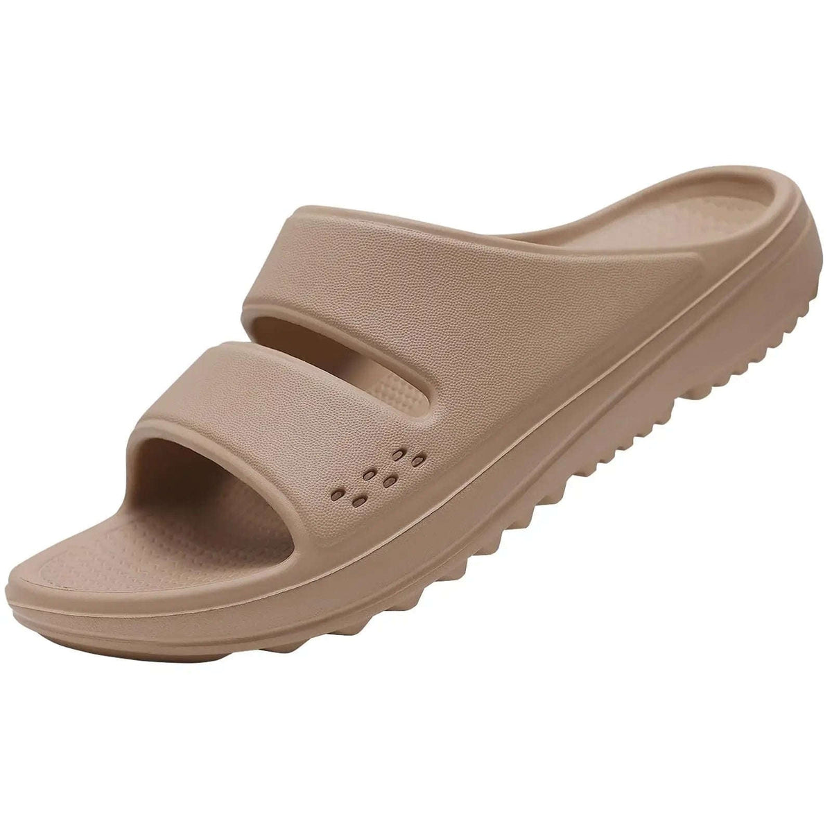 Arch support slippers with two wide straps and a thick lug sole - khaki