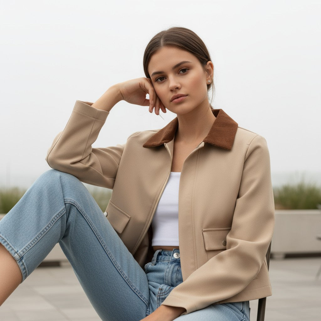 Short sand-coloured jacket with a brown corduroy collar and flap pockets