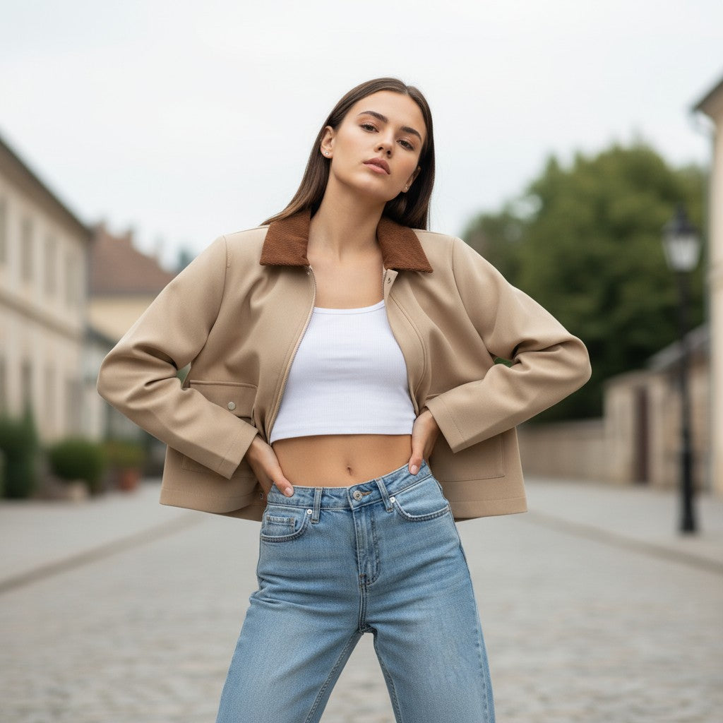 Short sand-coloured jacket with a brown corduroy collar and flap pockets