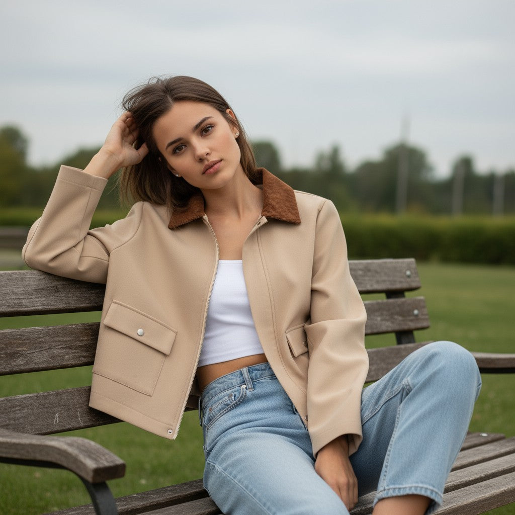 Short sand-coloured jacket with a brown corduroy collar and flap pockets