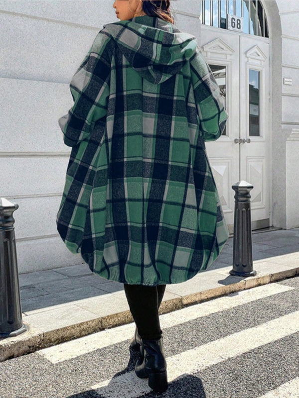 Green and navy check hooded jacket with a zip front and stepped hem