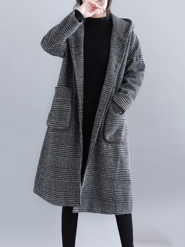Hooded longline coat in a fine check with two patch pockets