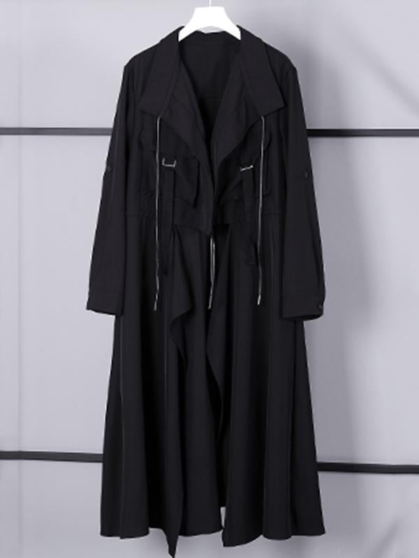 Longline duster coat with a draped lapel and a drawstring waist in black