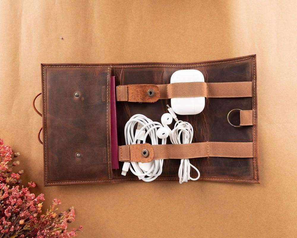 Leather Cable Organiser in Tan Brown