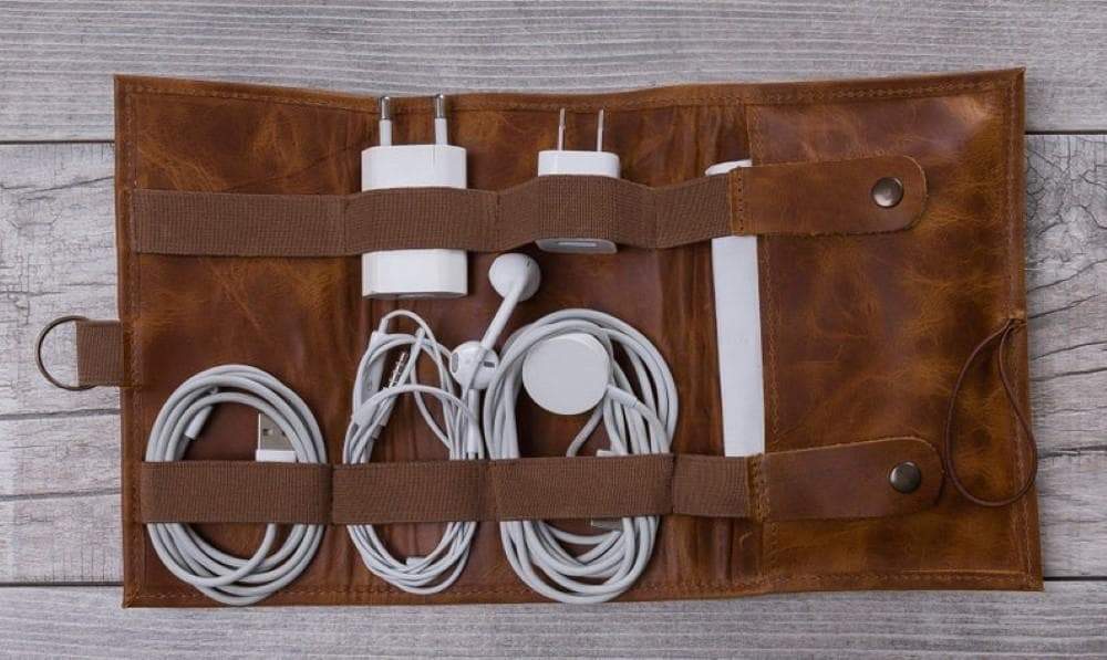 Leather Cable Organiser in Moccasin