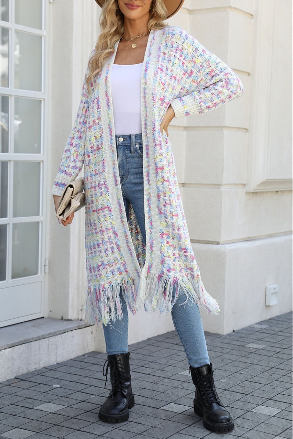 Women's longline fringe cardigan in Cream