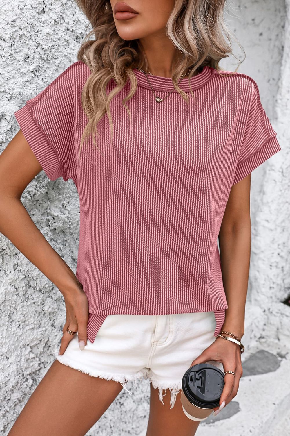 Women's ribbed short sleeve top in Deep Rose