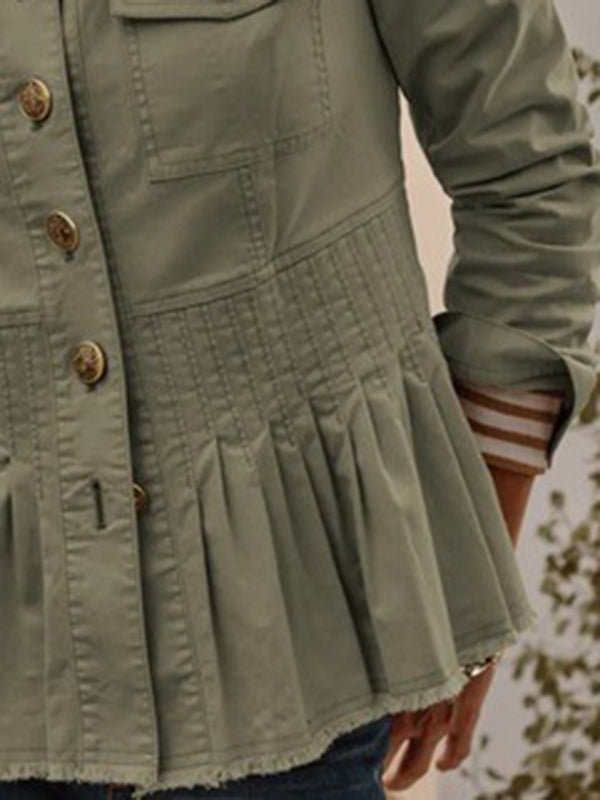 Army green cotton jacket with a pleated peplum and stand collar