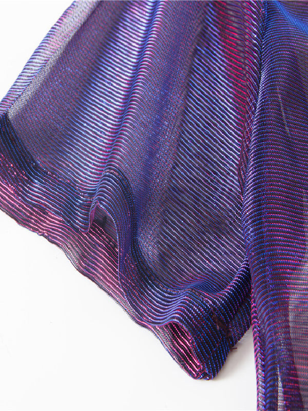 Oversized sheer overshirt with an iridescent finish and short sleeves
