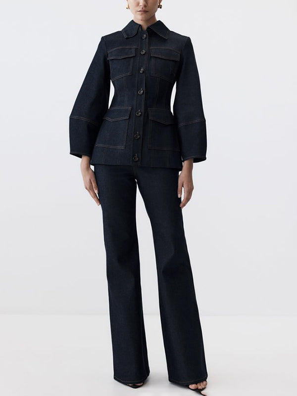 Indigo denim jacket with puff sleeves and four patch pockets