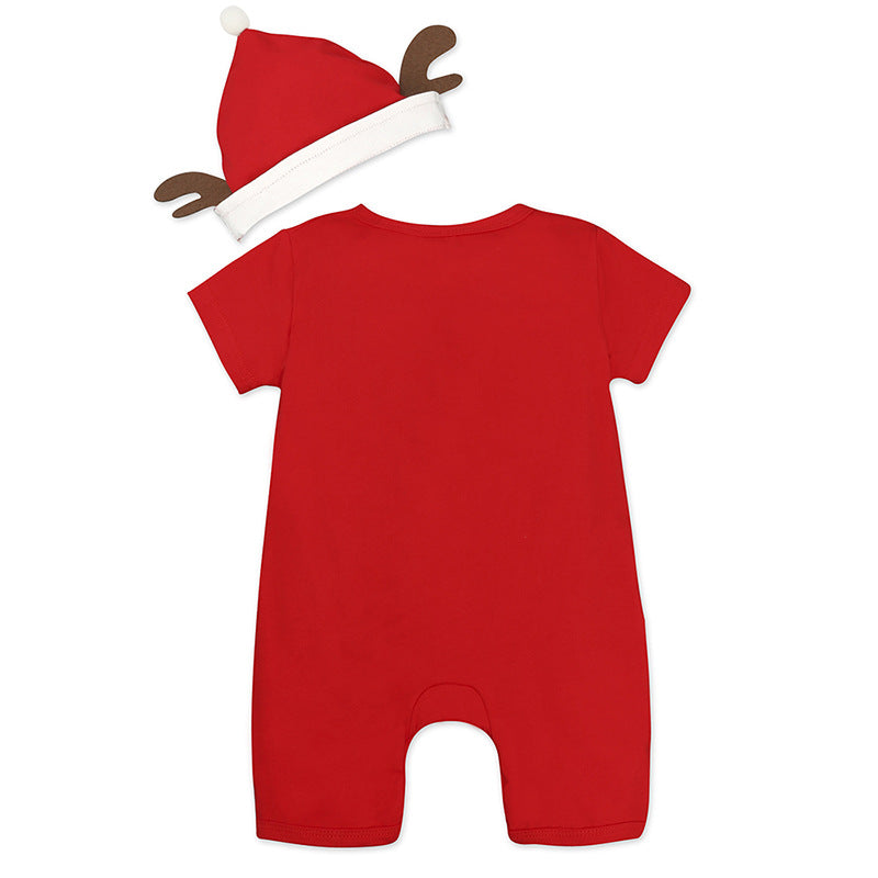 Red baby Christmas romper with snowman and a matching hat with antlers