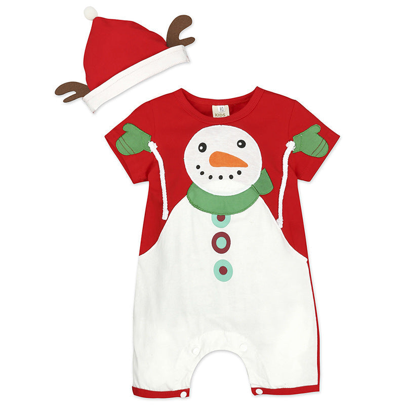 Red baby Christmas romper with snowman and a matching hat with antlers