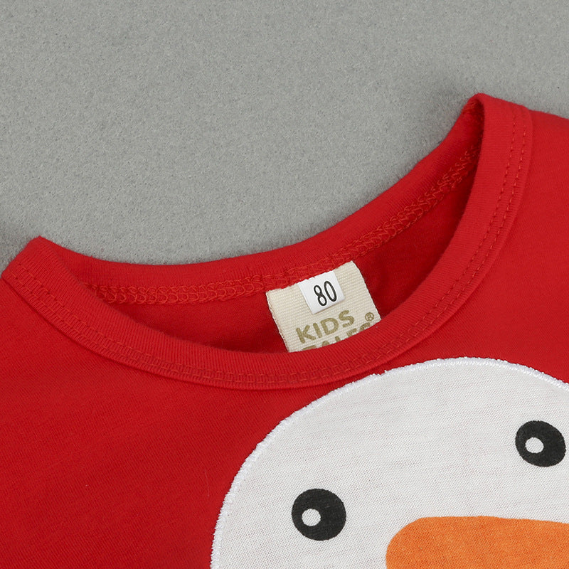 Red baby Christmas romper with snowman and a matching hat with antlers
