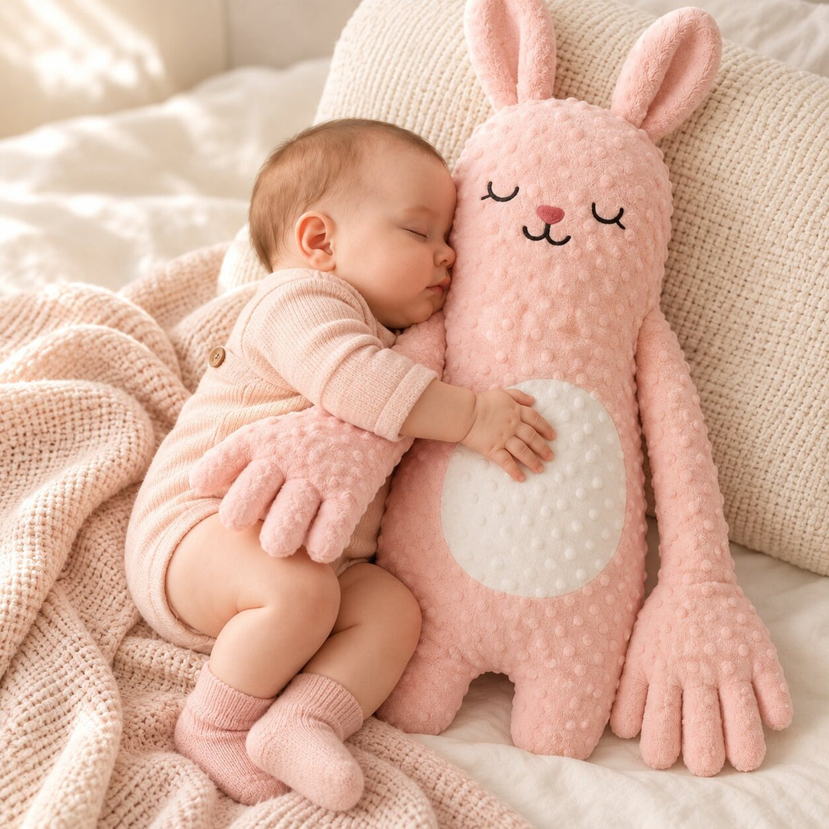 Baby sleep soft toy with a gentle tapping motion and long arms - bunny