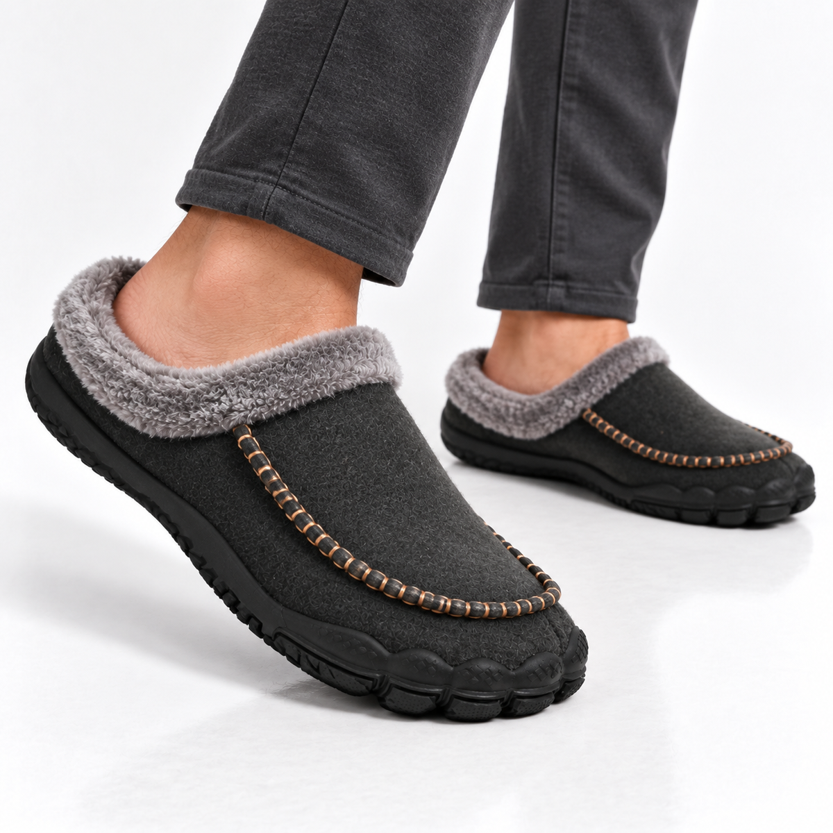 Men's barefoot mule slippers with a fleece collar and a contrast moccasin stitch