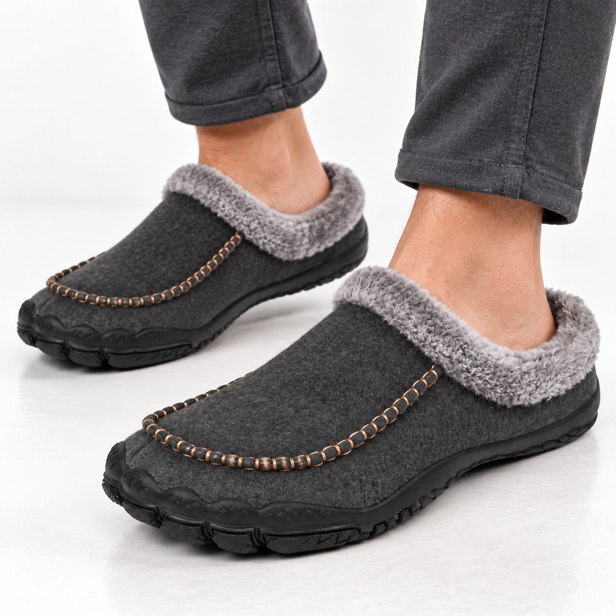 Men's barefoot mule slippers with a fleece collar and a contrast moccasin stitch