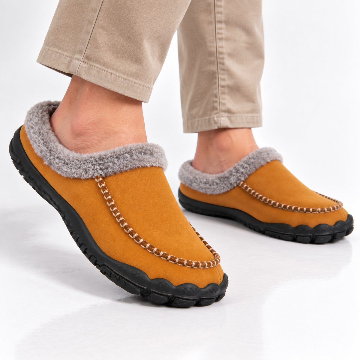 Men's barefoot mule slippers with a fleece collar and a contrast moccasin stitch