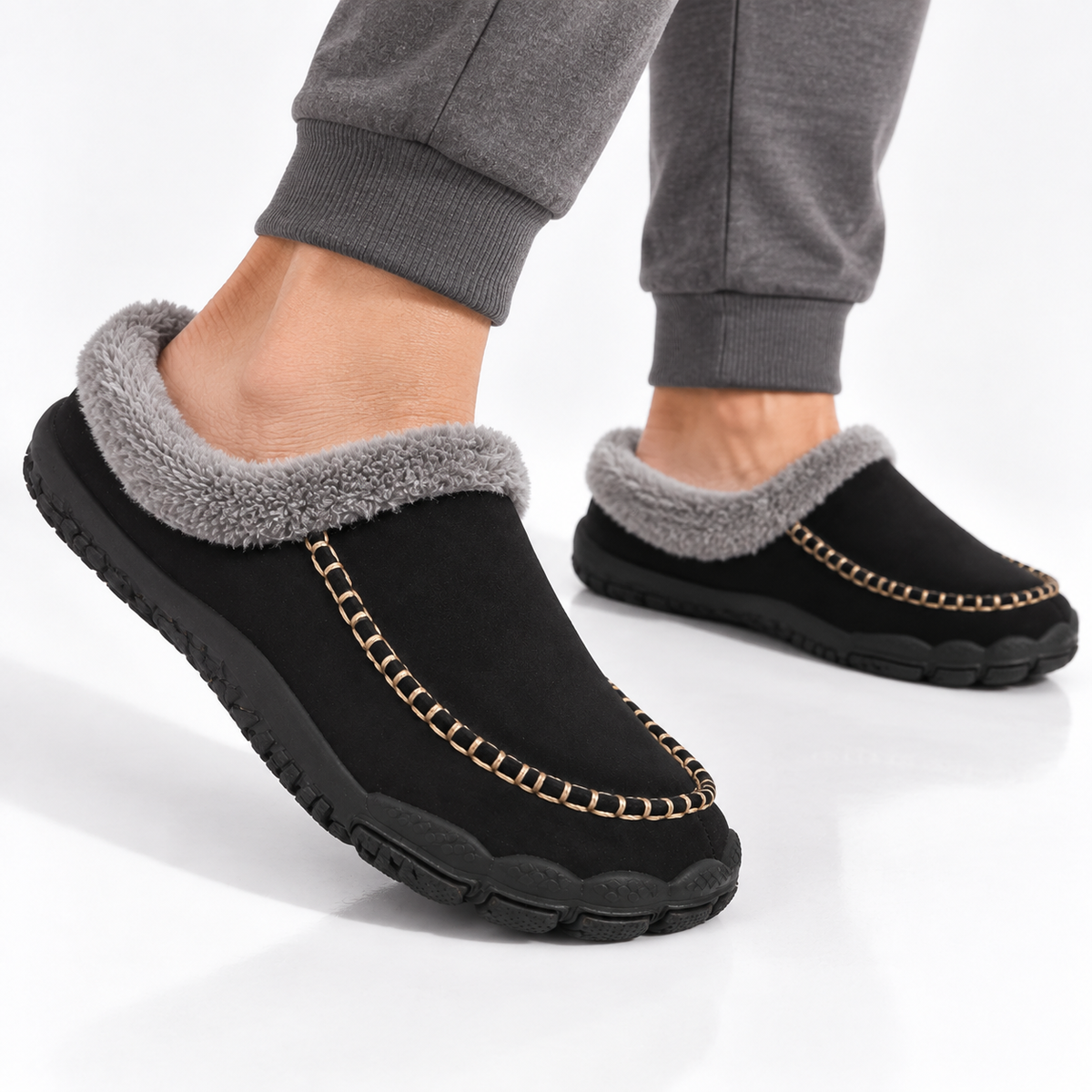 Men's barefoot mule slippers with a fleece collar and a contrast moccasin stitch