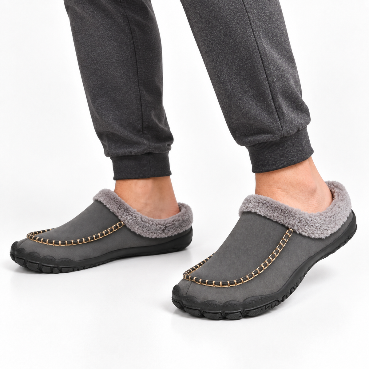 Men's barefoot mule slippers with a fleece collar and a contrast moccasin stitch