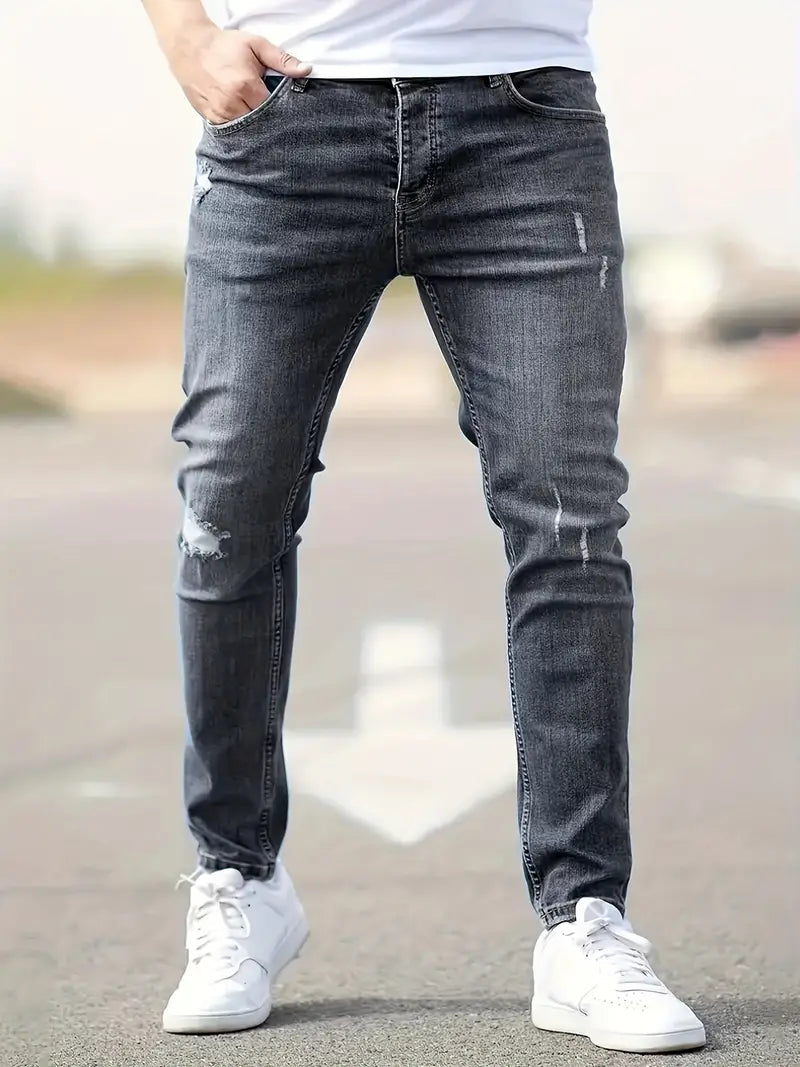 Men's Slim Fit Distressed Jeans - detail view | SAINT DOR