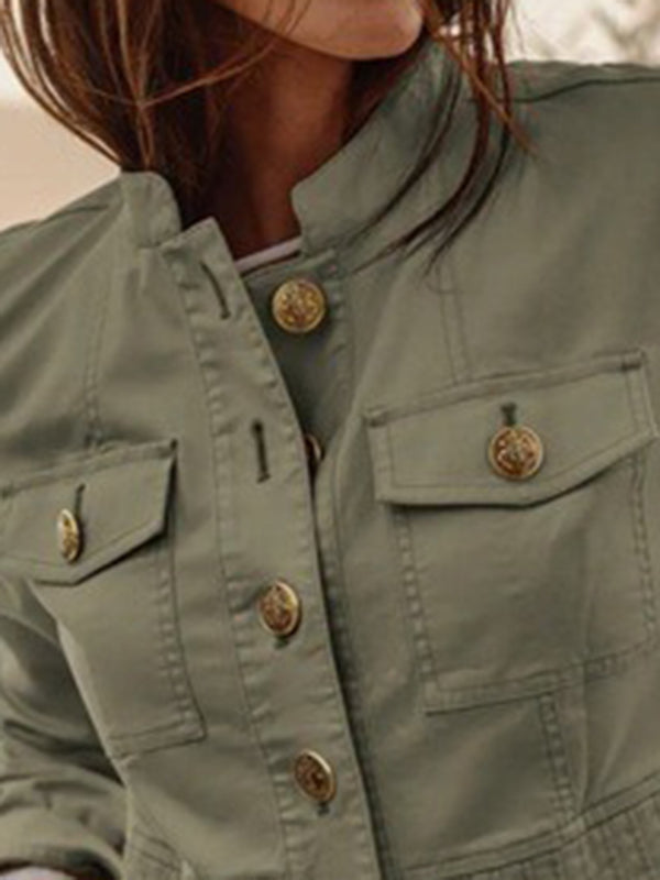 Army green cotton jacket with a pleated peplum and stand collar