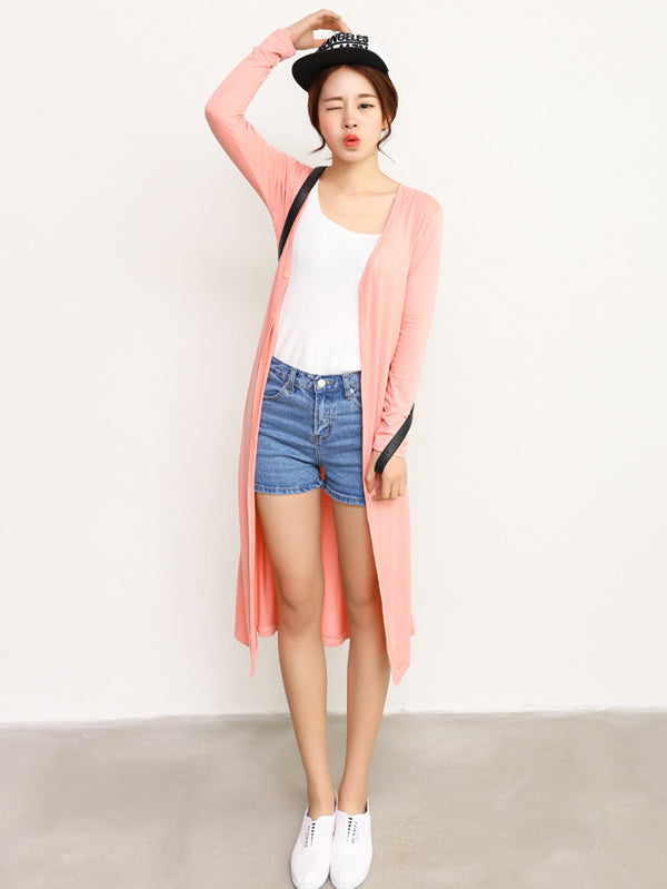 Light longline cardigan hanging open with dropped shoulders