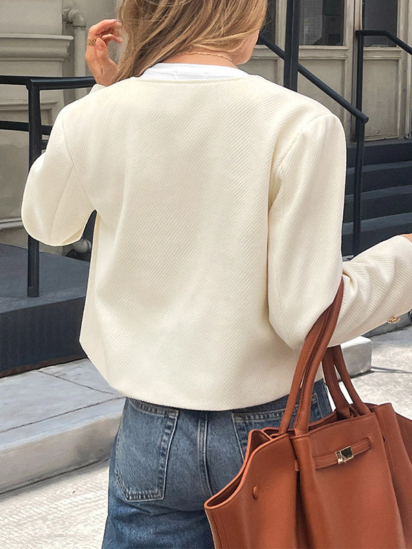 Cream collarless jacket with a round neck and gold-tone buttons