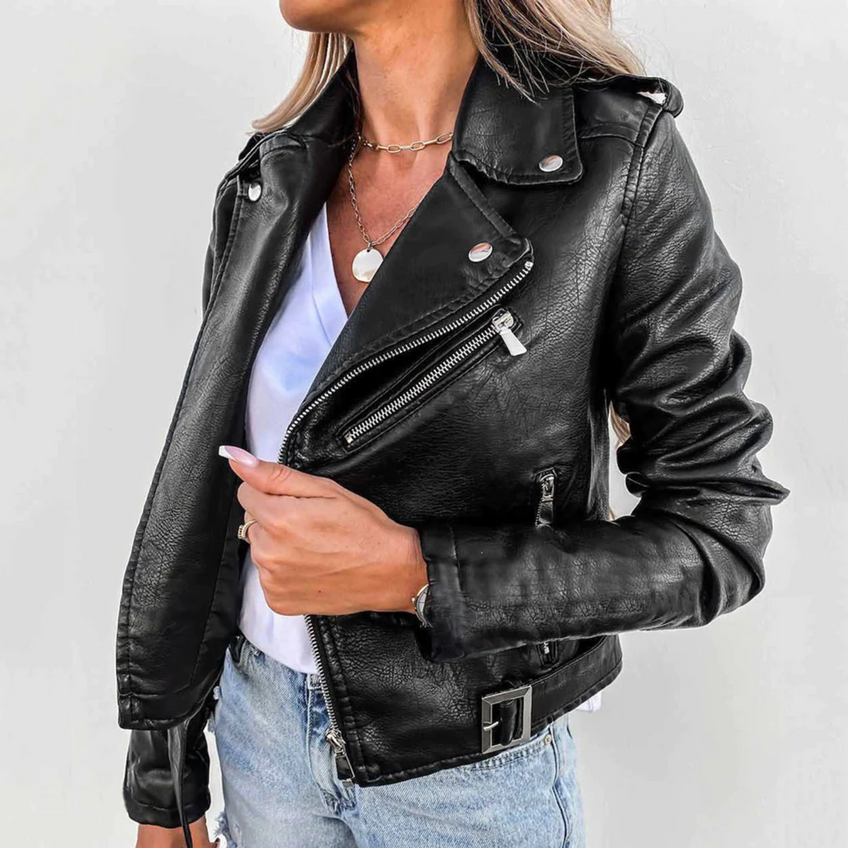 Women's fitted faux leather biker jacket with an angled zip and belt - black