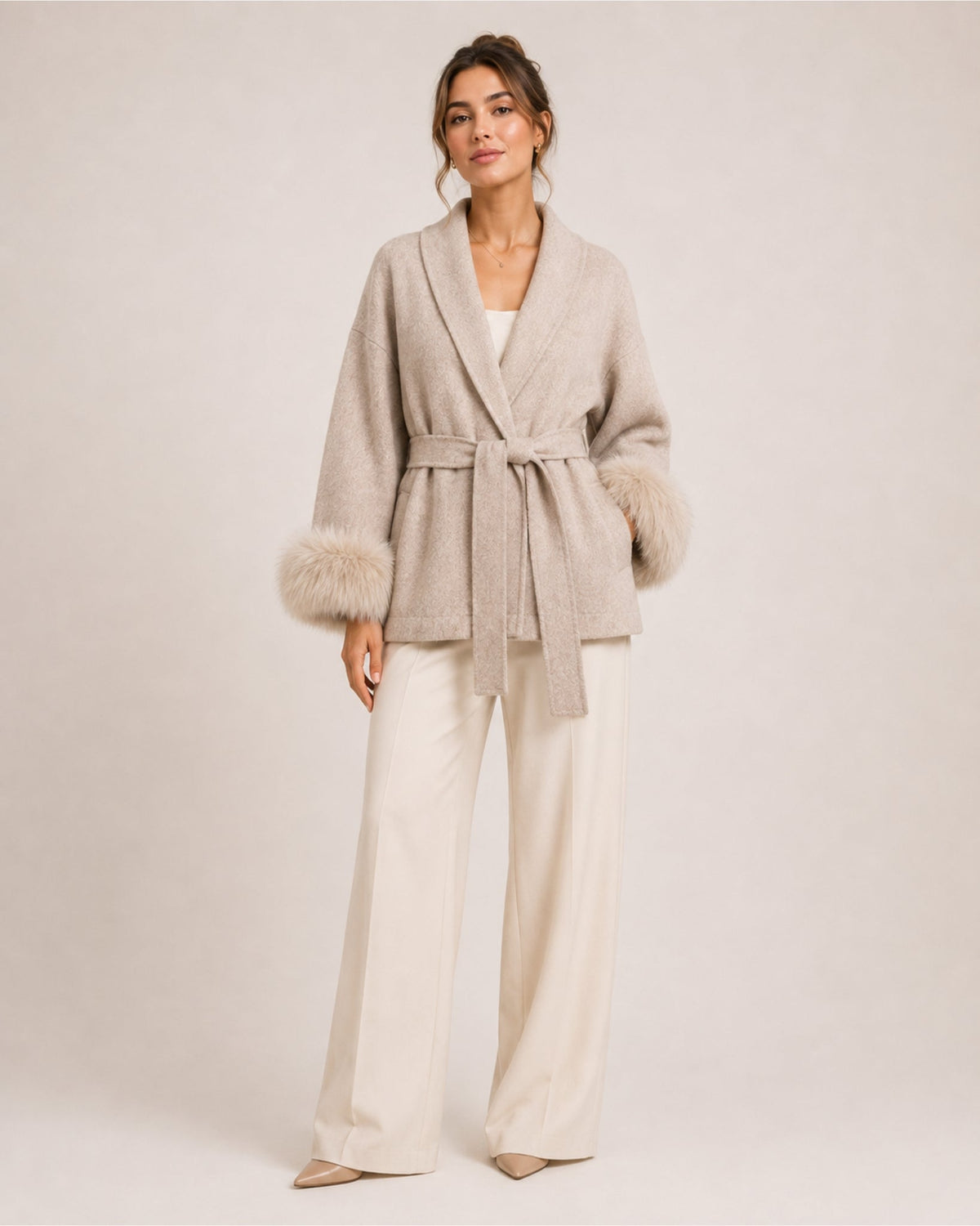 Women's belted wrap cardigan with a shawl collar and fluffy cuffs - oatmeal