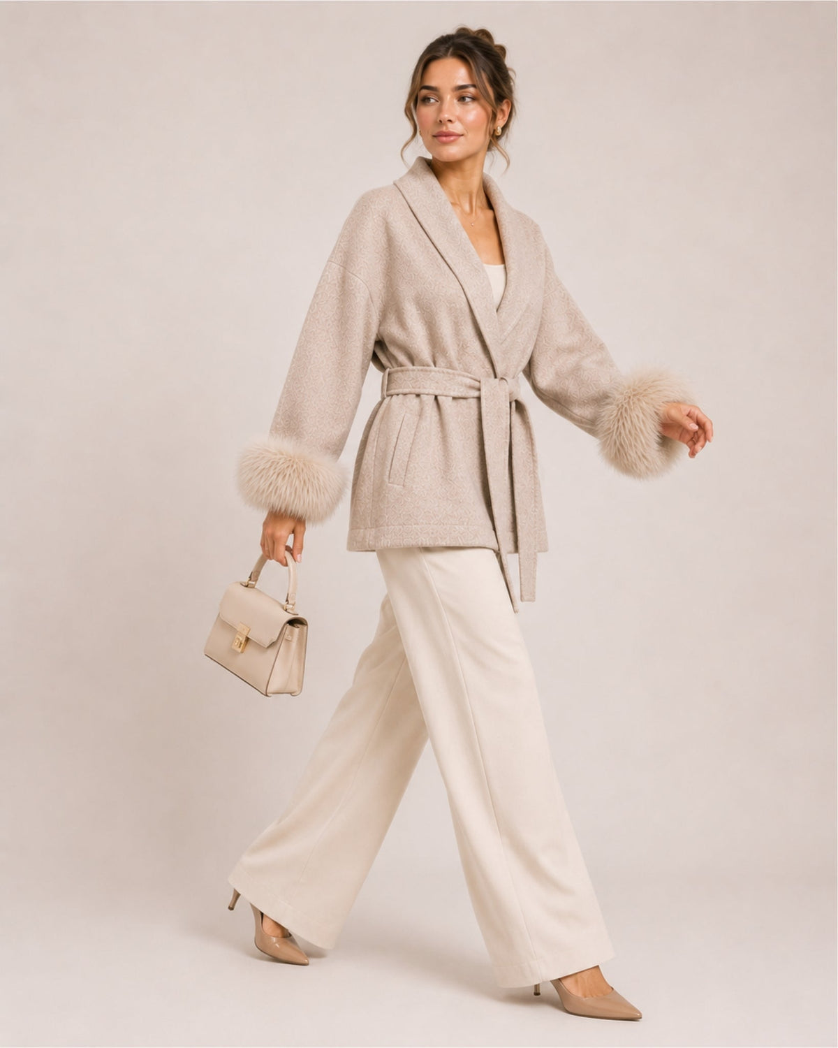 Women's belted wrap cardigan with a shawl collar and fluffy cuffs