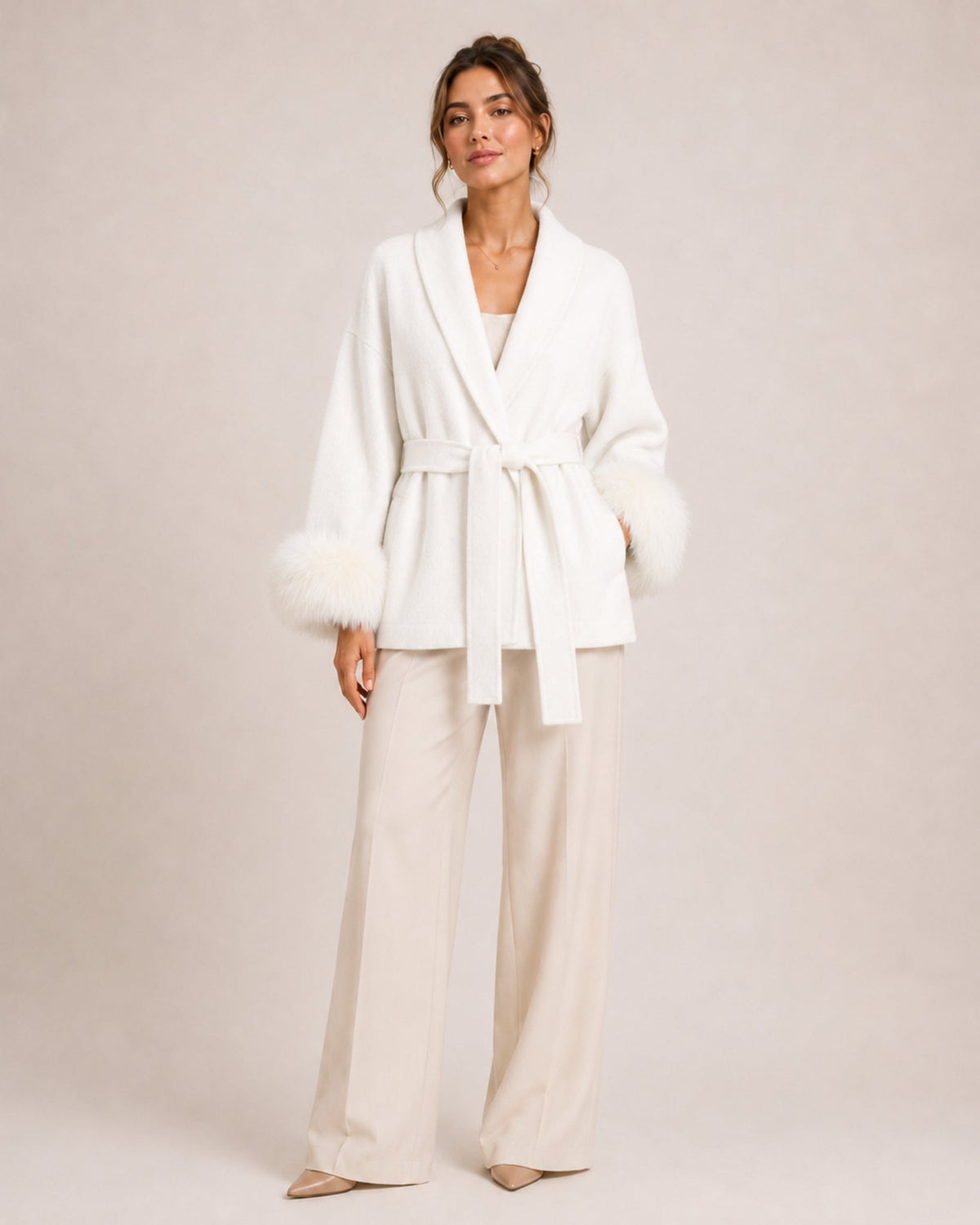 Women's belted wrap cardigan with a shawl collar and fluffy cuffs - white