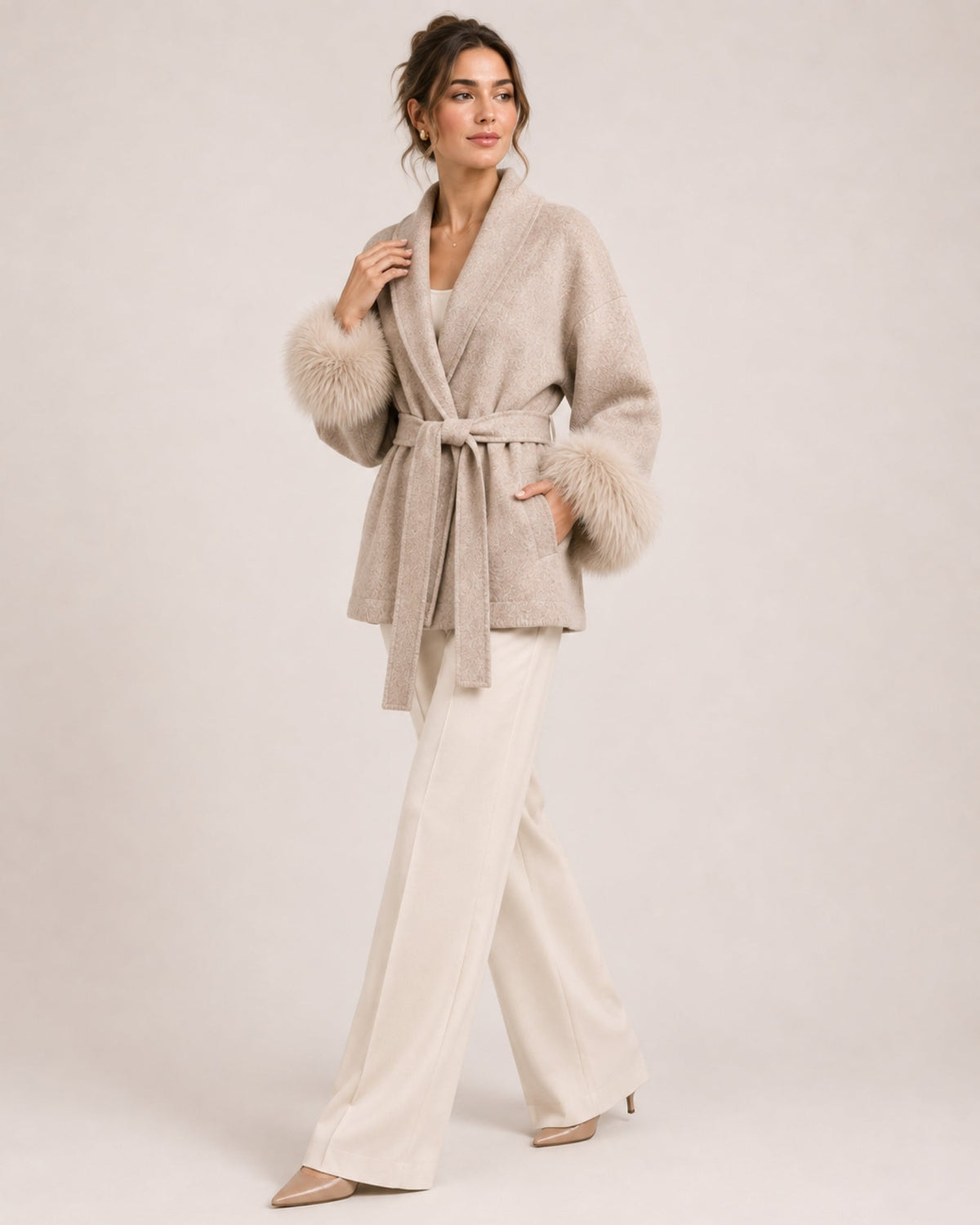 Women's belted wrap cardigan with a shawl collar and fluffy cuffs