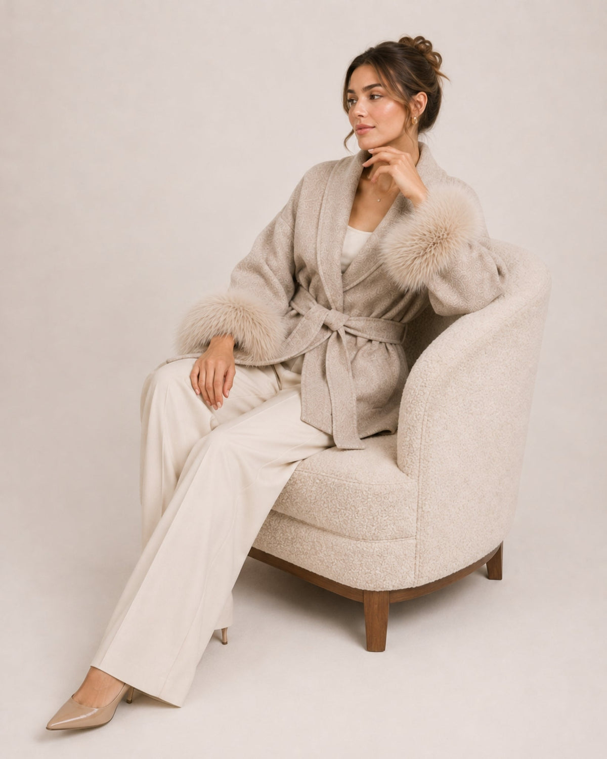 Women's belted wrap cardigan with a shawl collar and fluffy cuffs
