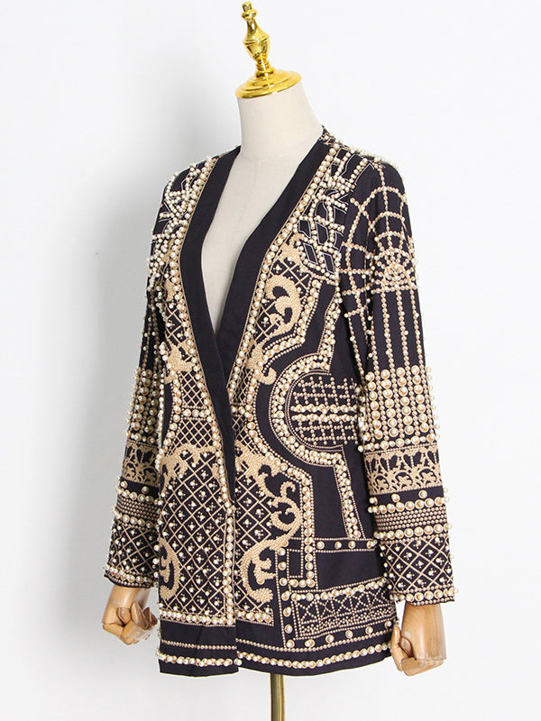 Beaded blazer with an ornamental pattern and a deep V-neck