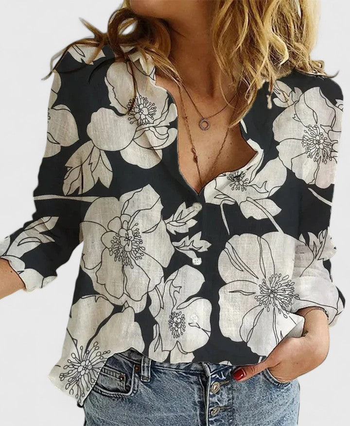 Women's Top - Linen Button Down Shirt with Lapel Collar in Green 2