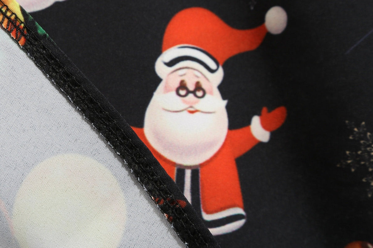 Women's black Christmas dress with scalloped V-neck and angel print skirt