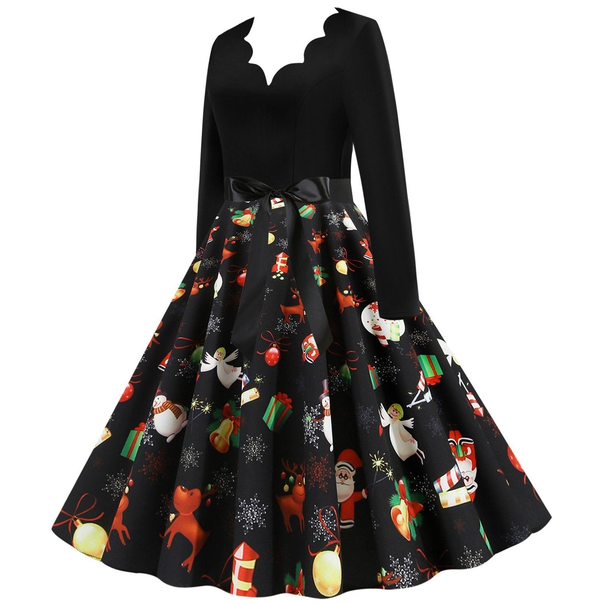 Women's black Christmas dress with scalloped V-neck and angel print skirt