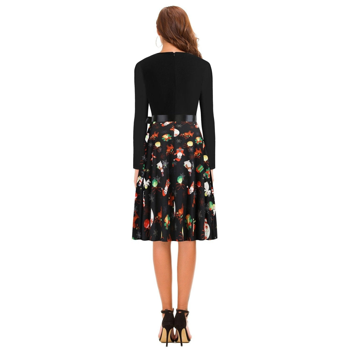Women's black Christmas dress with scalloped V-neck and angel print skirt