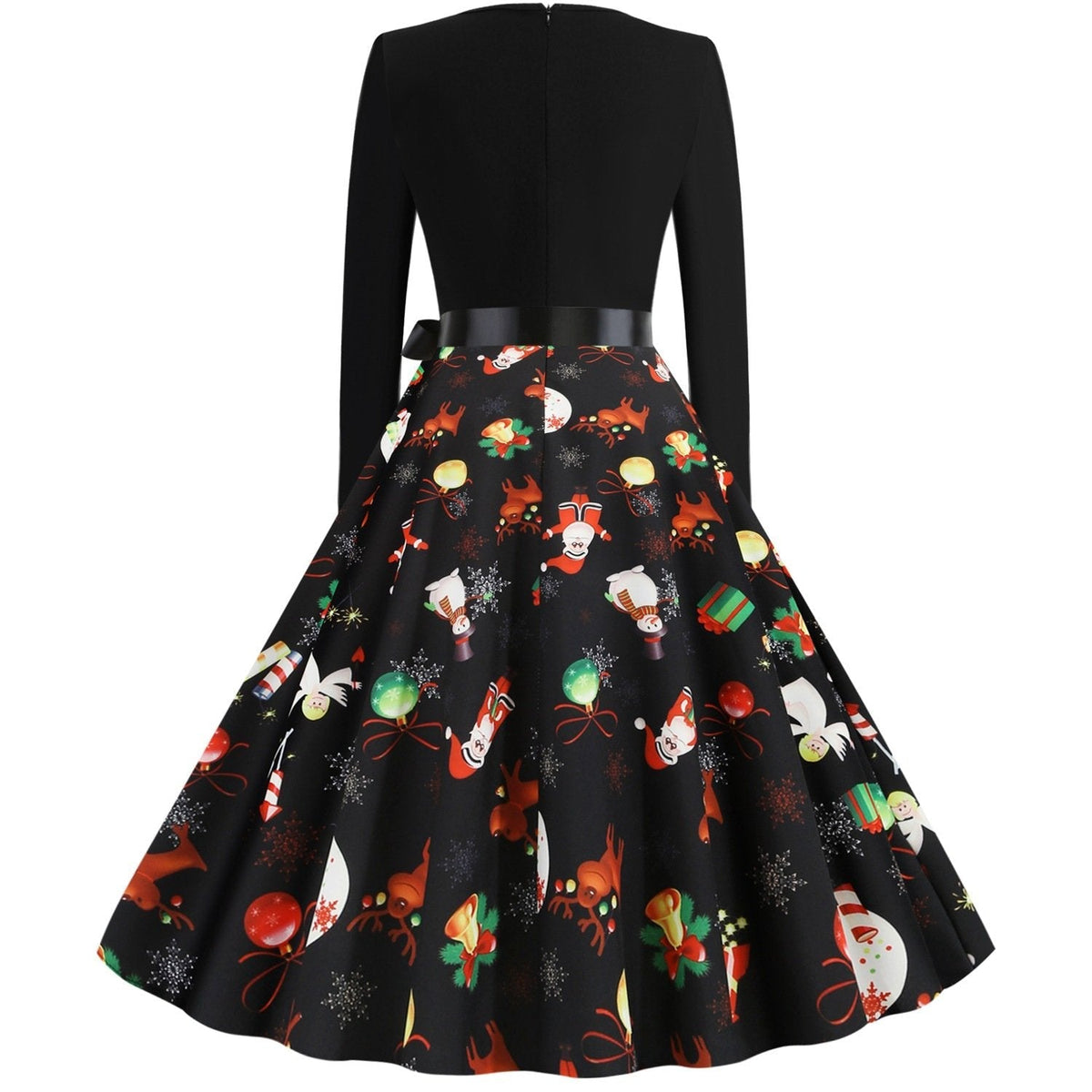 Women's black Christmas dress with scalloped V-neck and angel print skirt
