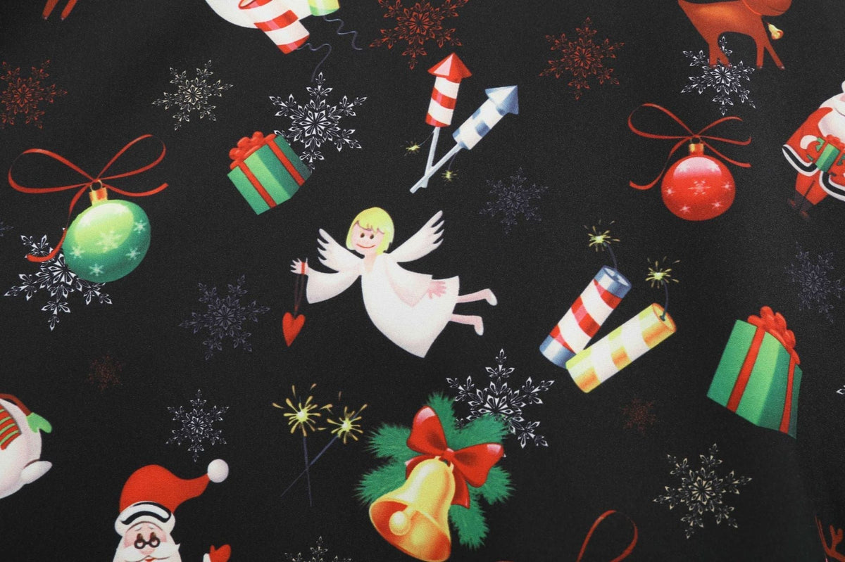 Women's black Christmas dress with scalloped V-neck and angel print skirt