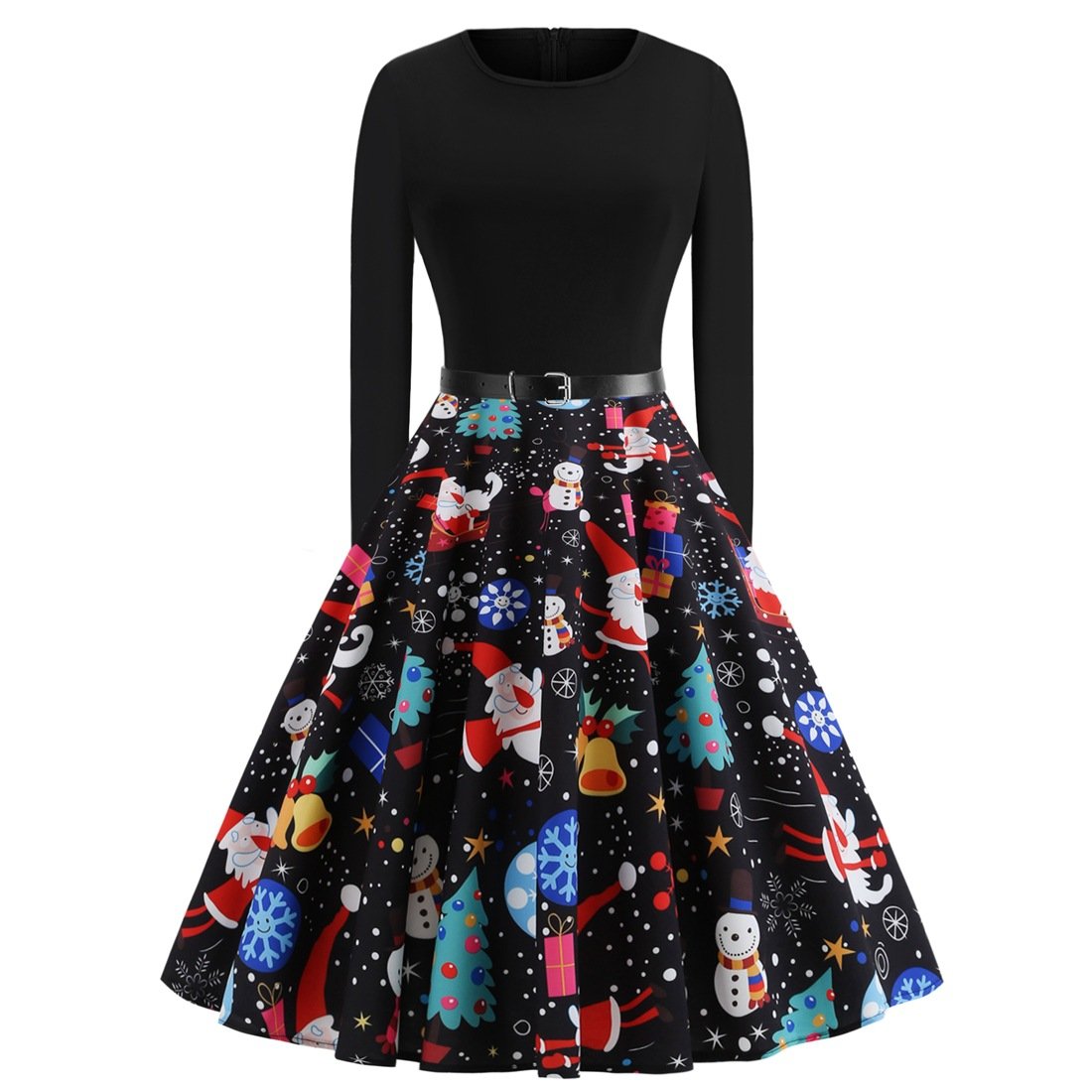 Women's black Christmas dress with snowman print skirt and a slim belt