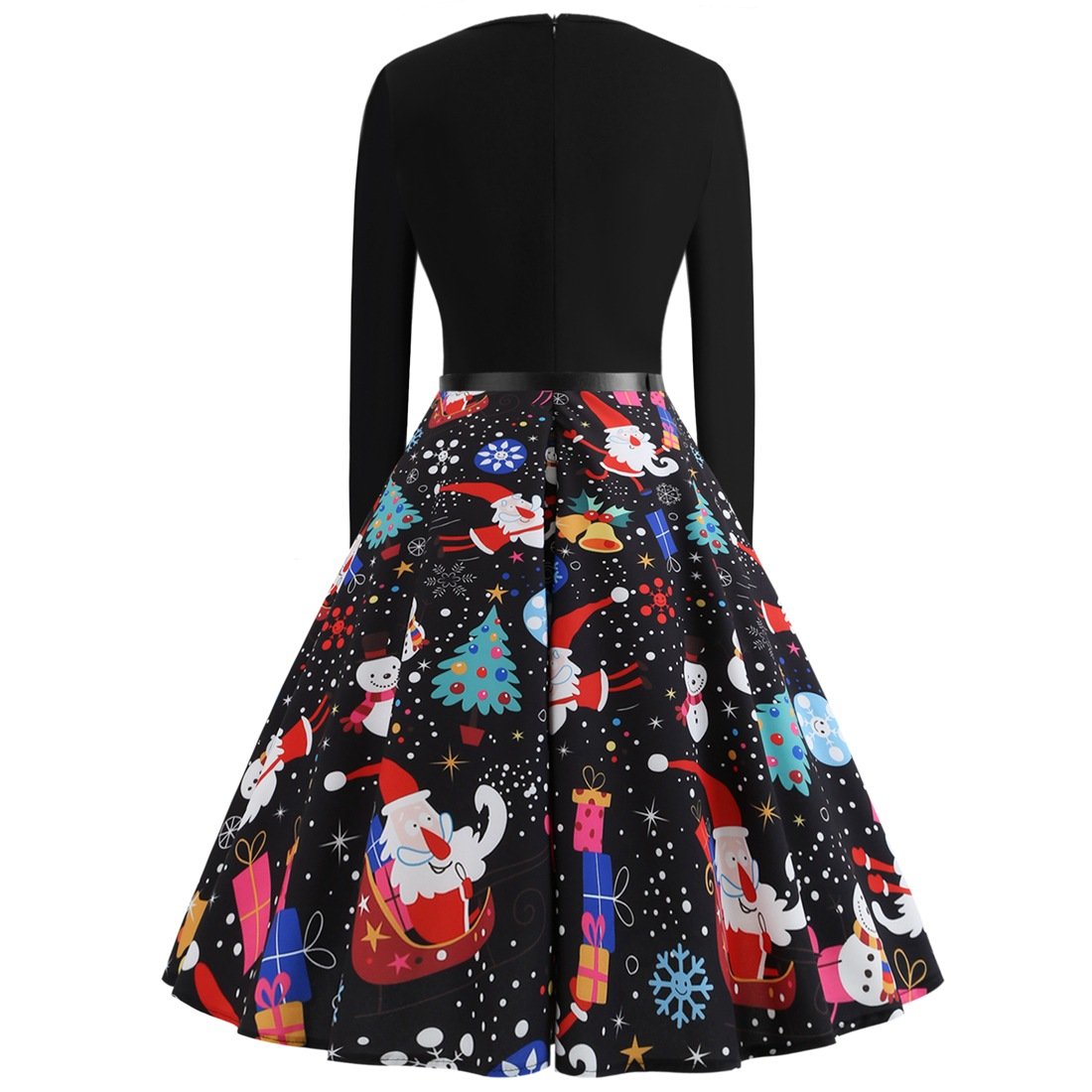 Women's black Christmas dress with snowman print skirt and a slim belt