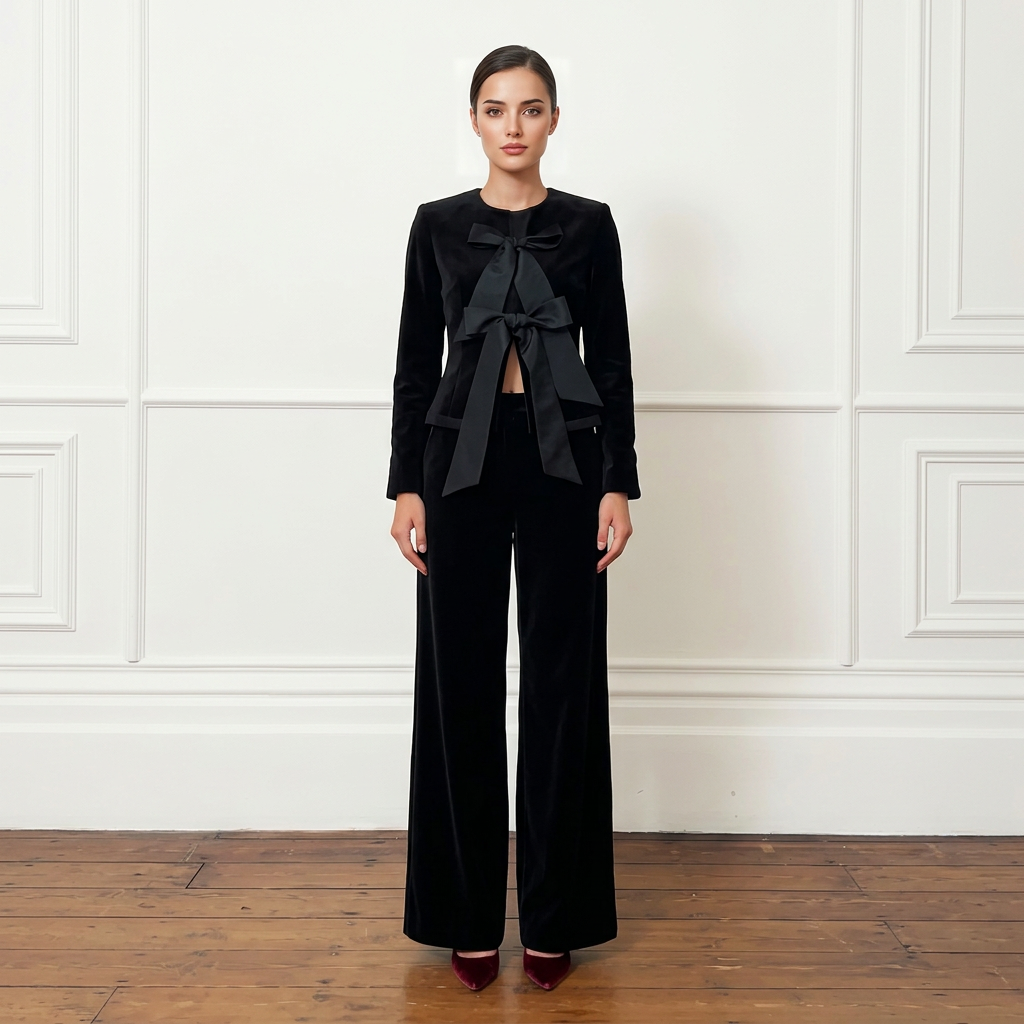 Black velvet jacket with a satin bow and matching wide-leg trousers