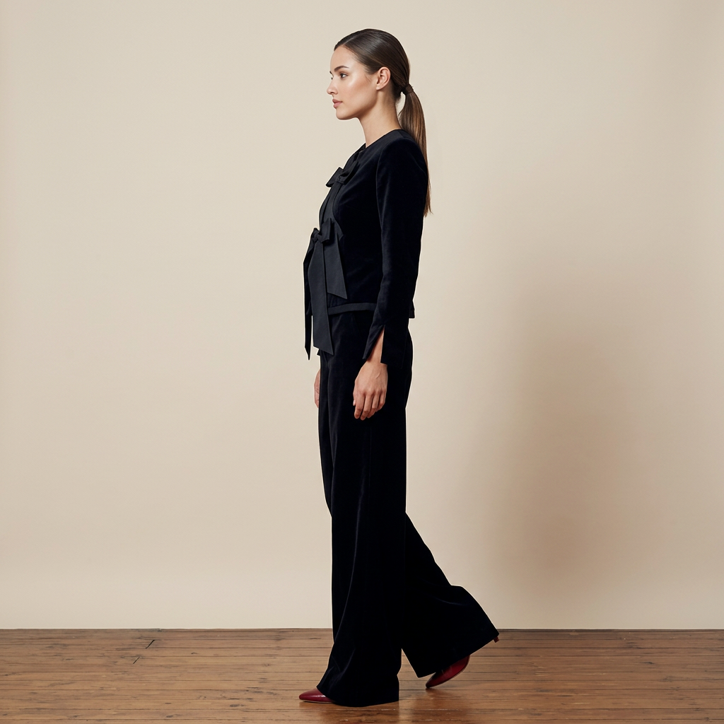 Black velvet jacket with a satin bow and matching wide-leg trousers