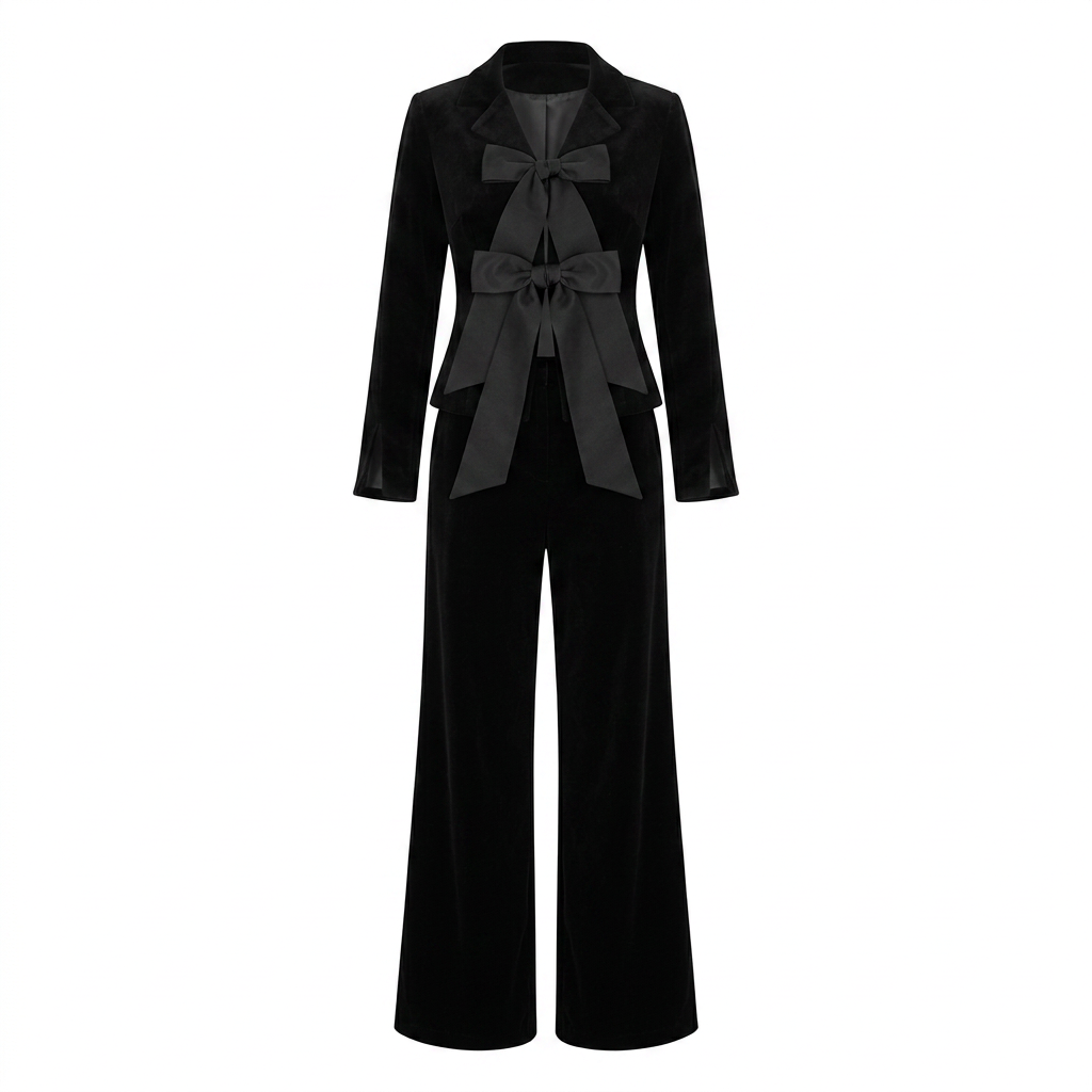 Black velvet jacket with a satin bow and matching wide-leg trousers