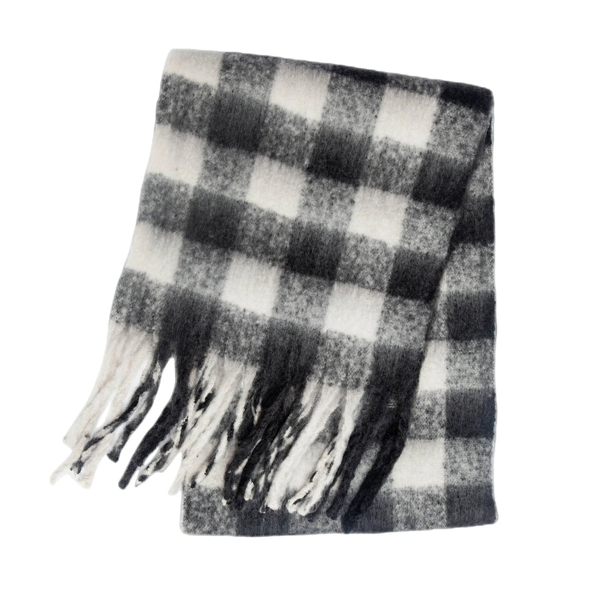 Women's thick block check scarf with fringed ends - black/white