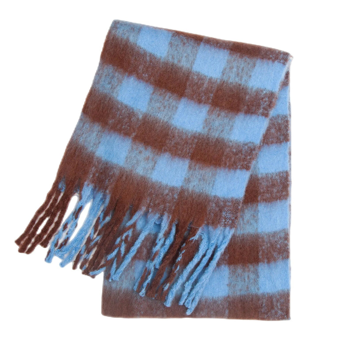 Women's thick block check scarf with fringed ends - blue/brown